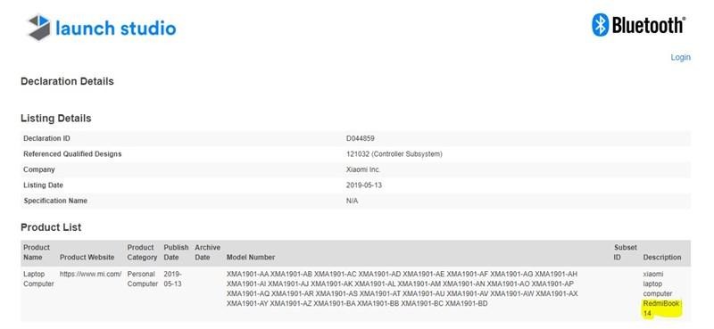 Laptop RedmiBook 14 được liệt kê trên trang web Bluetooth SIG