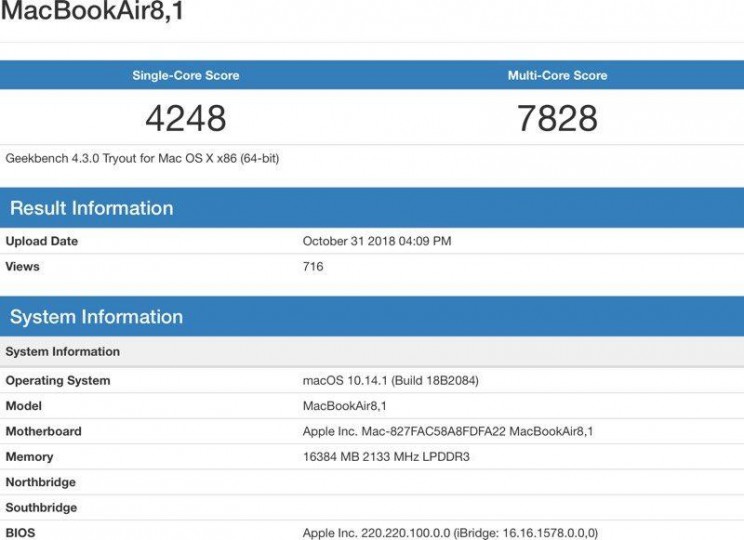Điểm hiệu năng cực kỳ ấn tượng của MacBook Air 2018 xuất hiện trên website của Geekbench