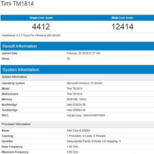 Xiaomi Mi NoteBook thế hệ mới xuất hiện trên GeekBench